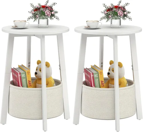 Miniatura 10 de sthmec Mesa auxiliar pequeña redonda con cesta de almacenamiento de tela, mesa de centro redonda con marco de metal para sofás de cama, mesas