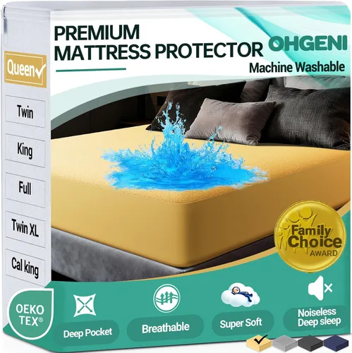 Miniatura 22 de OhGeni Protector de colchón 100% impermeable, tamaño Queen Beige, sábana bajera con bolsillos profundos, 6''-18'', material suave transpirable sin