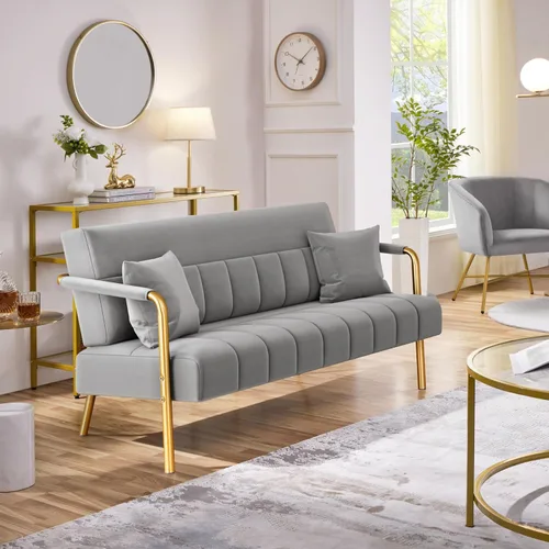 Miniatura 4 de Yaheetech Sofá moderno de 56.5 pulgadas de ancho, sofá pequeño de tela de terciopelo de lujo con brazos y patas de metal dorado para sala de estar
