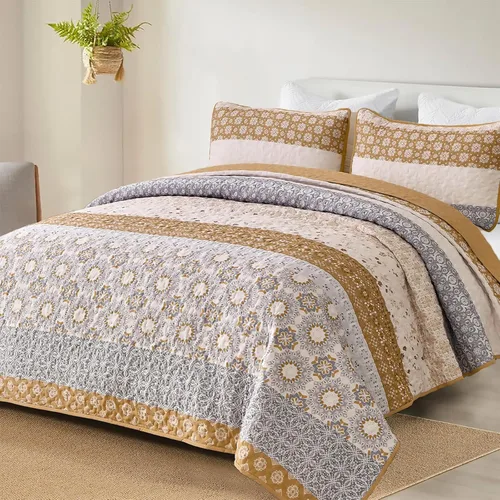 Miniatura 20 de WONGS BEDDING Juego de edredón bohemio tamaño Queen, juego de colcha de retazos a rayas bohemias aguamarina con 2 fundas de almohada, juego de ropa
