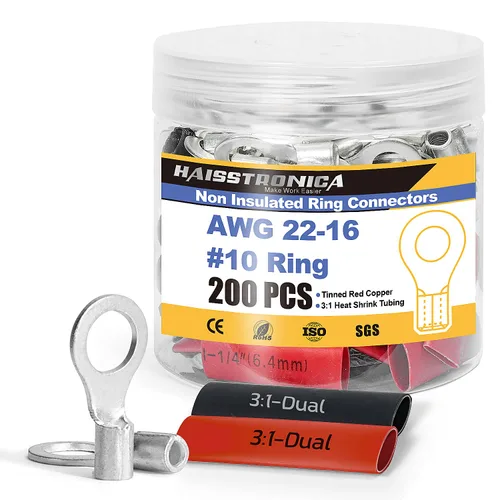 Miniatura 23 de haisstronica Juego de conectores de cables no aislados, 50 piezas de terminales de anillo de 5/16" (AWG12-10) con 50 piezas de tubo termorretráctil