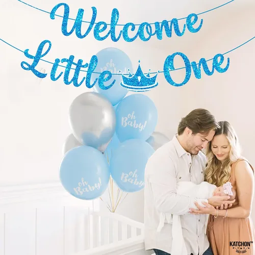 Miniatura 8 de KatchOn Cartel de bienvenida con purpurina Little One - Azul, 10 pies, sin bricolaje Cartel de bienvenida para decoración de baby shower para bebé