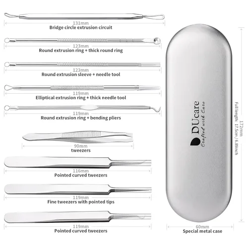 Miniatura 9 de DUcare Kit de herramientas para eliminar puntos negros, kit de 9 piezas, herramienta profesional de extracción de espinillas de acero inoxidable