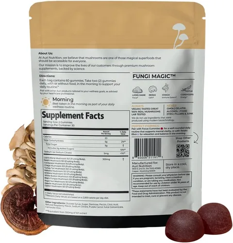 Miniatura 8 de Auri Nutrition Super Mushroom Daily Gummies – Gomitas funcionales todo en uno con 12 mezclas de hongos, incluyendo melena de león, reishi, chaga