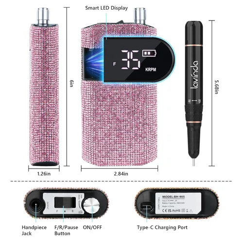 Miniatura 3 de Lavinda Diamond - Taladro de uñas profesional recargable, 35000 RPM, lima de uñas eléctrica inalámbrica y portátil, con motor sin núcleo para uñas