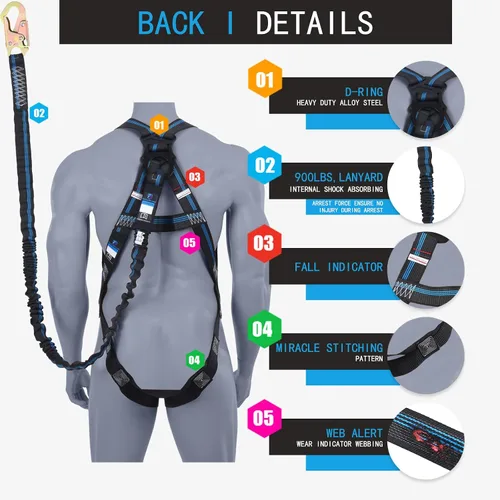 Miniatura 3 de Kit de protección contra caídas de arnés de seguridad, arnés de seguridad de cuerpo completo de 3 puntos con cordón interno de absorción de impactos