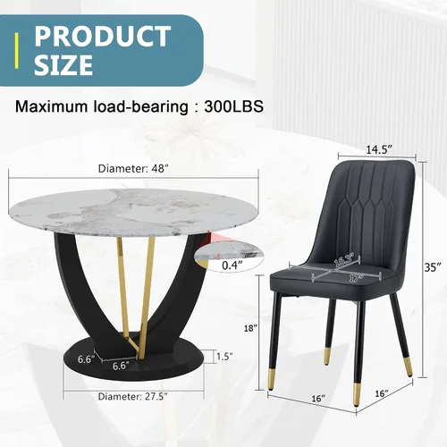 Miniatura 2 de Juego de mesa de comedor redonda de 48'' para 4, juego de mesa y sillas de cocina de mármol, conjunto de 4, mesa redonda con pata de MDF negro