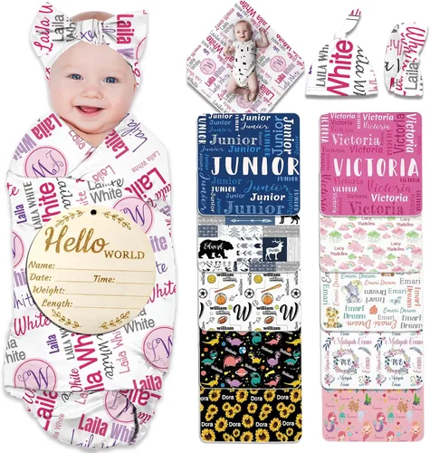 Miniatura 20 de Manta de bebé personalizada para niña y niño, manta de recepción con nombre personalizado con diadema de lazo y sombrero, regalos personalizados