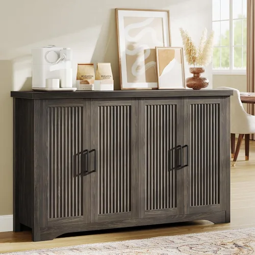 Memobarco Armario de buffet acanalado con aparador de almacenamiento, credenza moderna con 4 puertas y estantes ajustables, consola de mesa de café