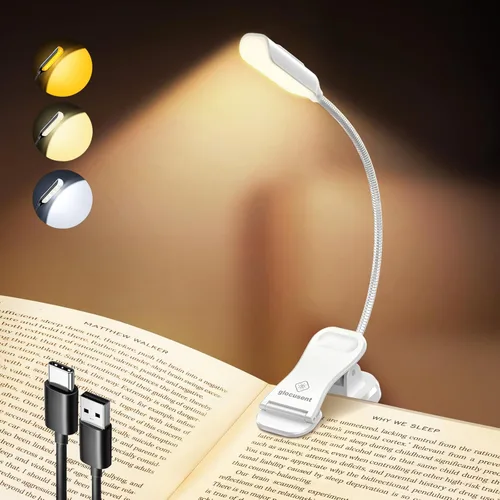 Glocusent Willow Book Light, 10 LED, 3 colores y 3 niveles de brillo, recargable, ligero, con clip, diseño moderno, blanco puro, material ABS,