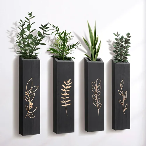 Macetero de pared de madera, paquete de 4 jarrones de pared con bolsillo para interiores, decoración para sala de estar, dormitorio, flores secas,