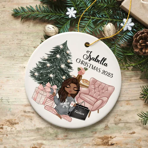 Miniatura 3 de Adorno de Navidad personalizado para niña glamorosa, adicto a las compras para adolescentes fashionista (círculo)