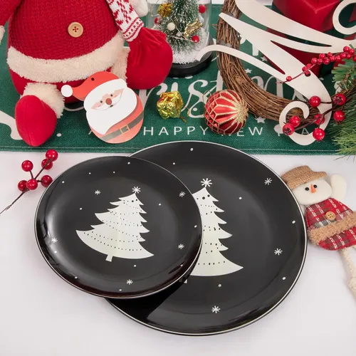 Miniatura 4 de WDF 50 platos de Navidad de plástico, platos negros y plateados con árbol de Navidad, incluyen 25 platos llanos, 25 platos de ensalada, platos
