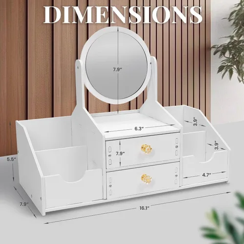 Miniatura 2 de Organizador de maquillaje de madera, organizadores de maquillaje de encimera con espejo, cajones, organizador de cosméticos para cepillos, cuidado