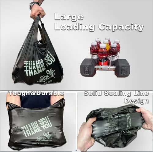 Miniatura 4 de YoYoRain Bolsas de agradecimiento negras, bolsas de 22 mics, bolsas de plástico negras con asa, bolsa de compras de comestibles Bolsa