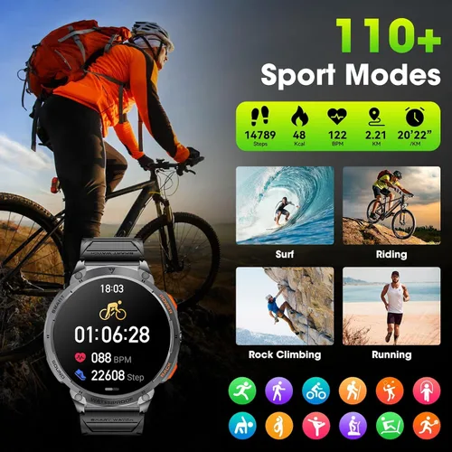 Miniatura 6 de Military Smart Watches for Men, 1.85" HD Large Screen Smart Watch, Flashlight/730mAh/110+ Sports Modes Fitness Tracker Watch, Waterproof Mens Smart