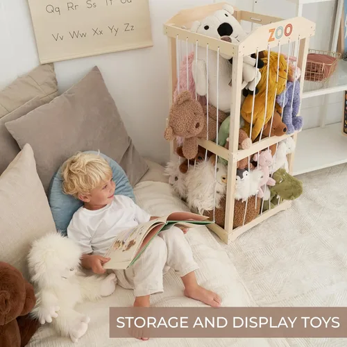 Miniatura 6 de Almacenamiento de animales de peluche de madera para niños – Gran organizador y soporte de almacenamiento de juguetes para la sala