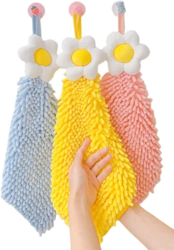 Miniatura 10 de Ivymei Paquete de 3 toallas de mano de felpilla mullidas, bonitas toallas de mano colgantes con lazo para cocina y baño, toallas de baño de mano