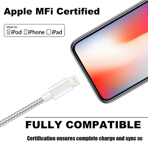Miniatura 2 de Paquete de 3 cables de carga para iPhone [certificado Mfi] de 10 pies de nailon trenzado; cable de carga USB de alta velocidad compatible con iPhone