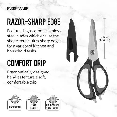 Miniatura 3 de Farberware Tijeras de cocina 4 en 1 con mango negro, tijeras de acero inoxidable de alto carbono con abridor de botellas, abridor de tarros