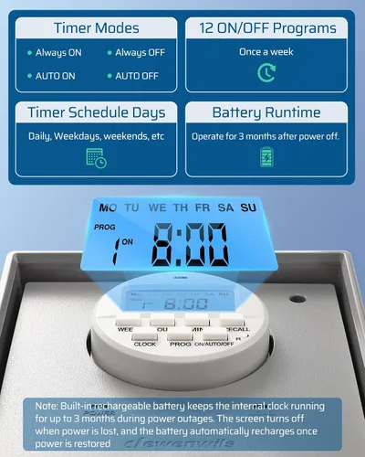 Miniatura 3 de DEWENWILS Temporizador para Bomba de Piscina, Caja de Temporizador Digital, 2HP 40A 120-277 VAC, Temporizador Programable de 7 Días con 20