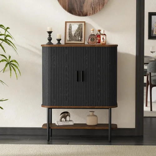 Miniatura 8 de FiveWillowise Gabinete de Bar de Café Negro con Almacenamiento, Gabinete de Licores y Vinos Acanalado con Puertas Corredizas, Portavasos