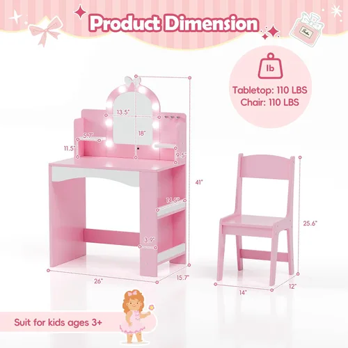 Miniatura 6 de MU Tocador infantil con luces, juego de mesa y silla de maquillaje de princesa para niñas, escritorio de tocador para niños pequeños con estantería