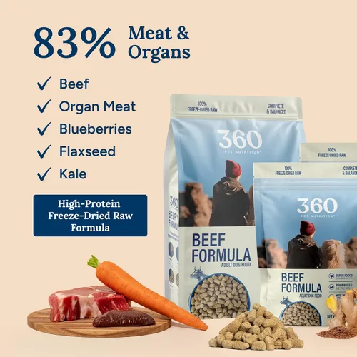 Miniatura 8 de 360 Pet Nutrition Alimento crudo liofilizado para perros – Receta de carne de res con hígado y órganos, alta proteína con omega-3, frutas, verduras