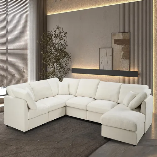 Sofá modular de 117 pulgadas, sofá modular de felpilla en forma de U con otomana móvil, moderno sofá modular de 7 asientos para sala de estar, Beige