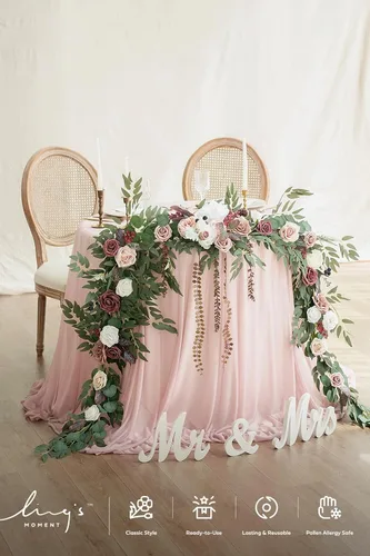 Miniatura 2 de Ling's moment Guirnalda de eucalipto y hojas de sauce de 9 pies con flor blanca, artesanal, centros de mesa para mesa de novios, decoración de mesa