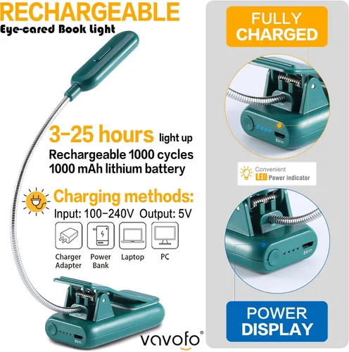 Miniatura 4 de VAVOFO - Luz de lectura recargable para libros en la cama para niños, 7 LEDS con luz blanca cálida de 9 niveles, lámpara de cuidado de ojos con Verde
