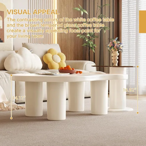 Miniatura 4 de Guyii White Cloud - Juego de 2 mesas centrales modernas, juego de 2 mesas auxiliares, mesa de sala con mesa auxiliar de cristal para sala de estar
