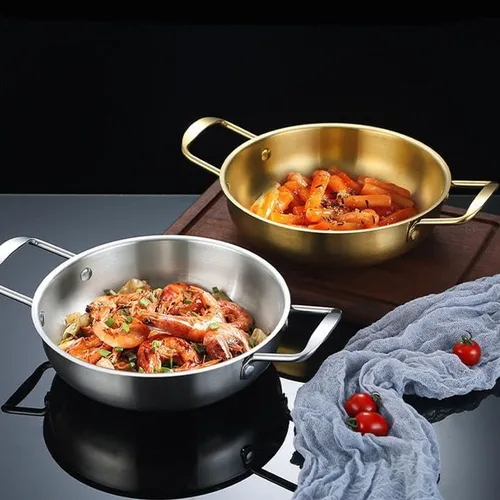 Miniatura 5 de Sartén de paella dorada de acero inoxidable de 7 pulgadas para cocinar recetas de arroz de paella fiesta en casa