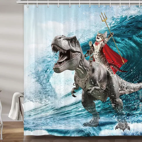 Miniatura 12 de Divertida Cortina de Ducha de Gato, Cortina de Ducha de Gato Genial con Dinosaurio y Ola Oceánica Japonesa, Cortina de Ducha Divertida de Gato