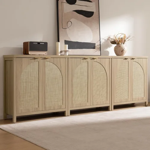Miniatura 12 de SICOTAS Juego de 3 aparadores de ratán de 102 pulgadas de ancho, armario de almacenamiento moderno Credenza con puertas de arco y estantes, Roble