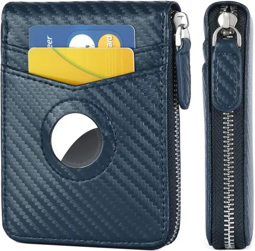 Huztencor - Cartera para AirTag cartera para hombre con cremallera RFID delgada de cuero con soporte integrado para Apple AirTag fibra de carbono