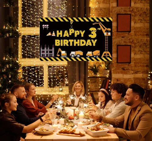Miniatura 4 de Joyiou Cartel de fondo de decoración de feliz tercer cumpleaños con tema de construcción para niños y niños, tres años de edad, camión volquete