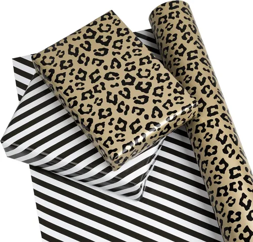 Miniatura 2 de WRAPAHOLIC Papel de regalo reversible de leopardo, mini rollo, 17 pulgadas x 33 pies, estampado de leopardo con brillo metálico y diseño de rayas