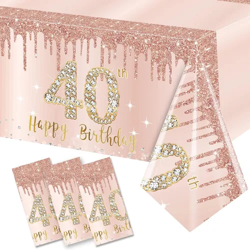 3 paquetes de mantel de cumpleaños número 40 rosa y dorado - mantel desechable de plástico rectangular para fiesta