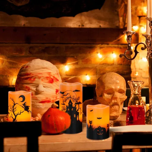 Miniatura 4 de Velas de Halloween sin llama con temporizador de 6 horas, velas LED naranjas parpadeantes de cera real, bruja, murciélagos, castillo, calcomanías