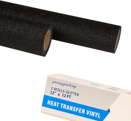 guangyintong Rollo de vinilo de transferencia de calor negro con purpurina, 2 rollos de vinilo para planchar de 12 pulgadas x 12 pies para