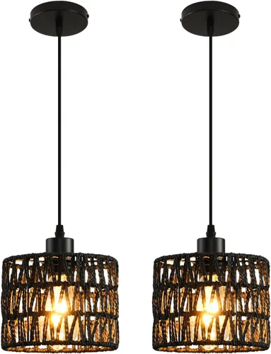Miniatura 14 de Lámpara Colgante Tejida Candelabro Bohemio, Luces Colgantes de Ratán Isla de Cocina, Iluminación Colgante de Granja con Pantalla de Mimbre Tejida a