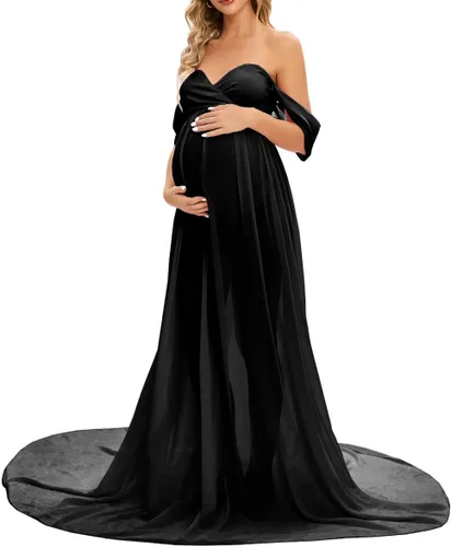 Miniatura 2 de ZIUMUDY Vestido largo de gasa de maternidad para sesión de fotos, fotografía, hombros descubiertos, vestido de gasa transparente