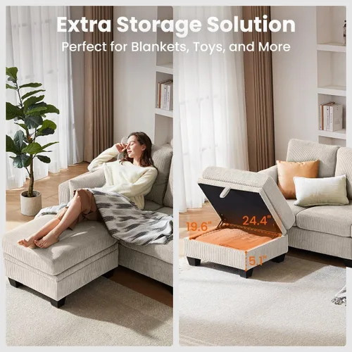 Miniatura 6 de CHIC HOUSE Modular Sectional Sofa with Storage Ottomans, Corduroy Cloud Couch for Small Spaces & Apartments, Reconfigurable L/U Shaped Convertible