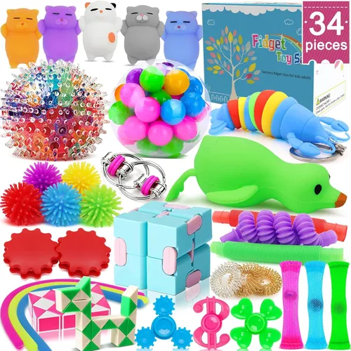 34 Piezas Juguetes Fidget, Juguetes Sensoriales Fidget para Alivio del Estrés para Niños Adultos Niños Niñas TDAH TOC Ansiedad Autismo, Premios Caja