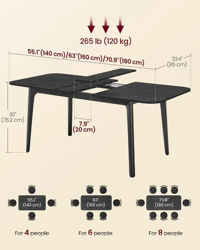Miniatura 2 de VASAGLE Colección MAEZO - Mesa de comedor extensible para 4/6/8, mesa de cocina con patas cónicas, transiciones curvas, para comedor, cocina