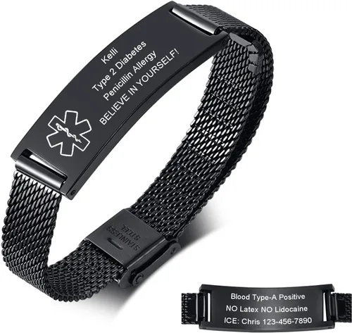 Miniatura 19 de Pulseras personalizadas de alerta médica para hombres, mujeres y niños, grabado gratuito, malla de acero inoxidable ajustable, pulsera