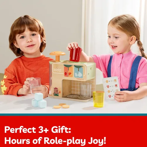 Miniatura 4 de TOP BRIGHT Dispensador de Bebidas de Madera para Juegos de Simulación, Juegos de Comida para Cocina Infantil con Tazas, Insertos de Jugo, Cubitos