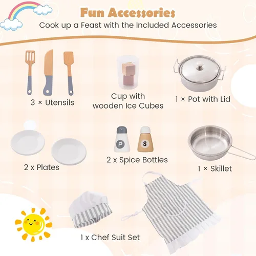 Miniatura 5 de Costzon Juego de cocina esquinera para niños, cocina de madera con sonidos y luces, lavadora, campana extractora, máquina de hielo, microondas