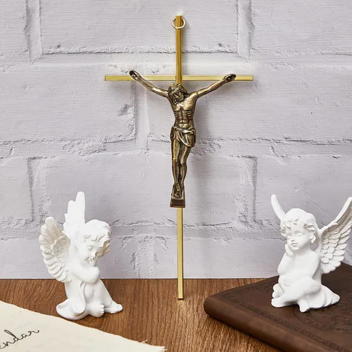 Miniatura 3 de Leinuosen Crucifijo de pared de 4 piezas de cruz católica delgada de metal para decoración del hogar, colgante de Jesús, 10 x 5 x 1 pulgadas (dorado)